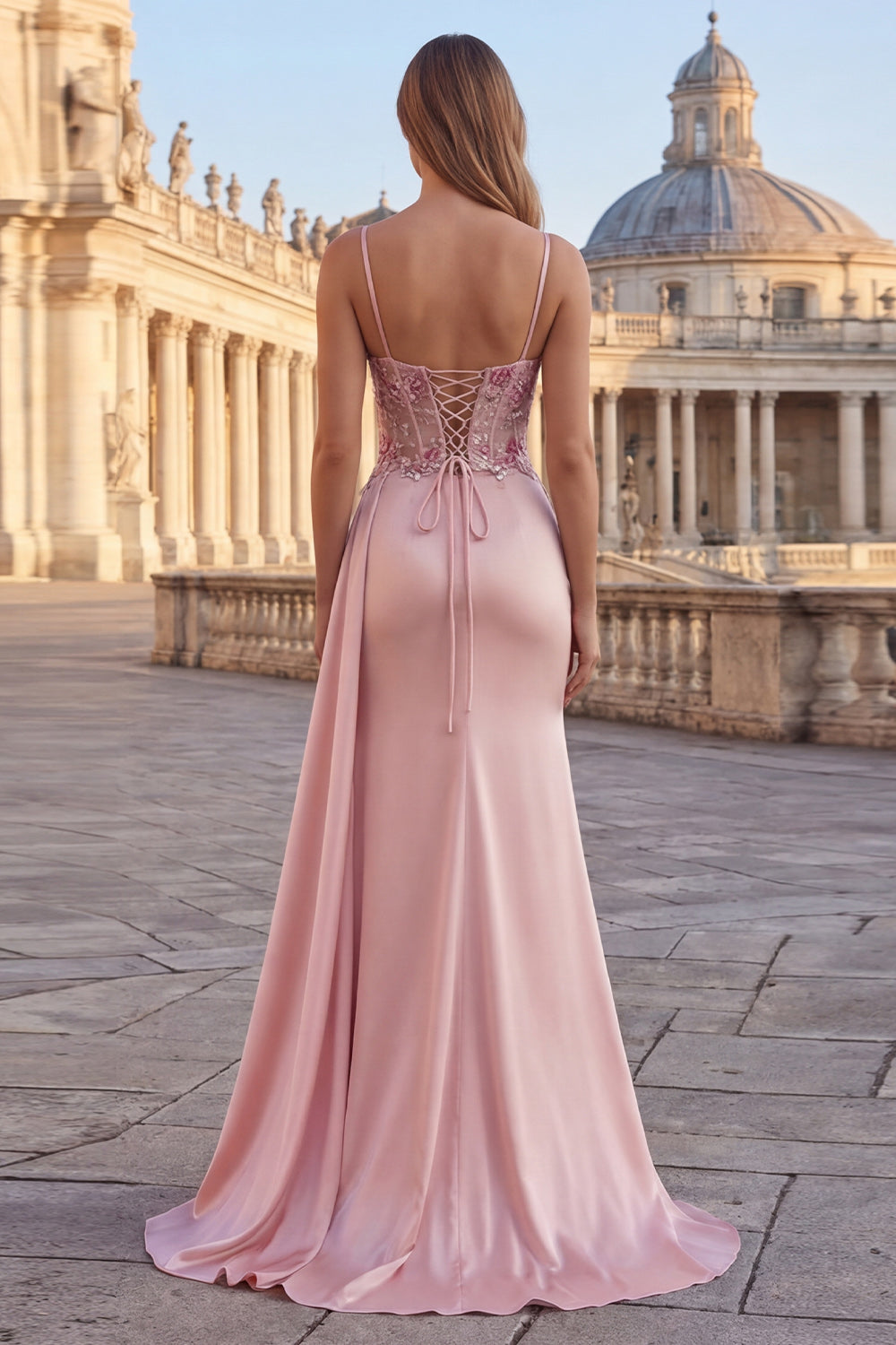 Sparkly Pink Sheath Corset Ruched Floral Long Prom Dress with Side Cape