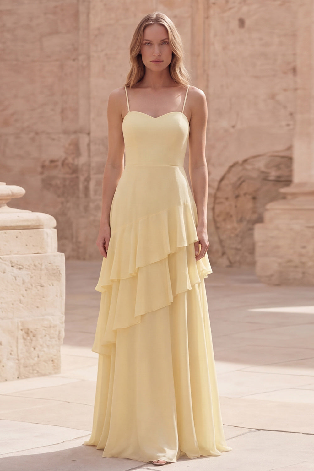 A Line Yellow Spaghetti Straps Ruffled Long Prom Dress