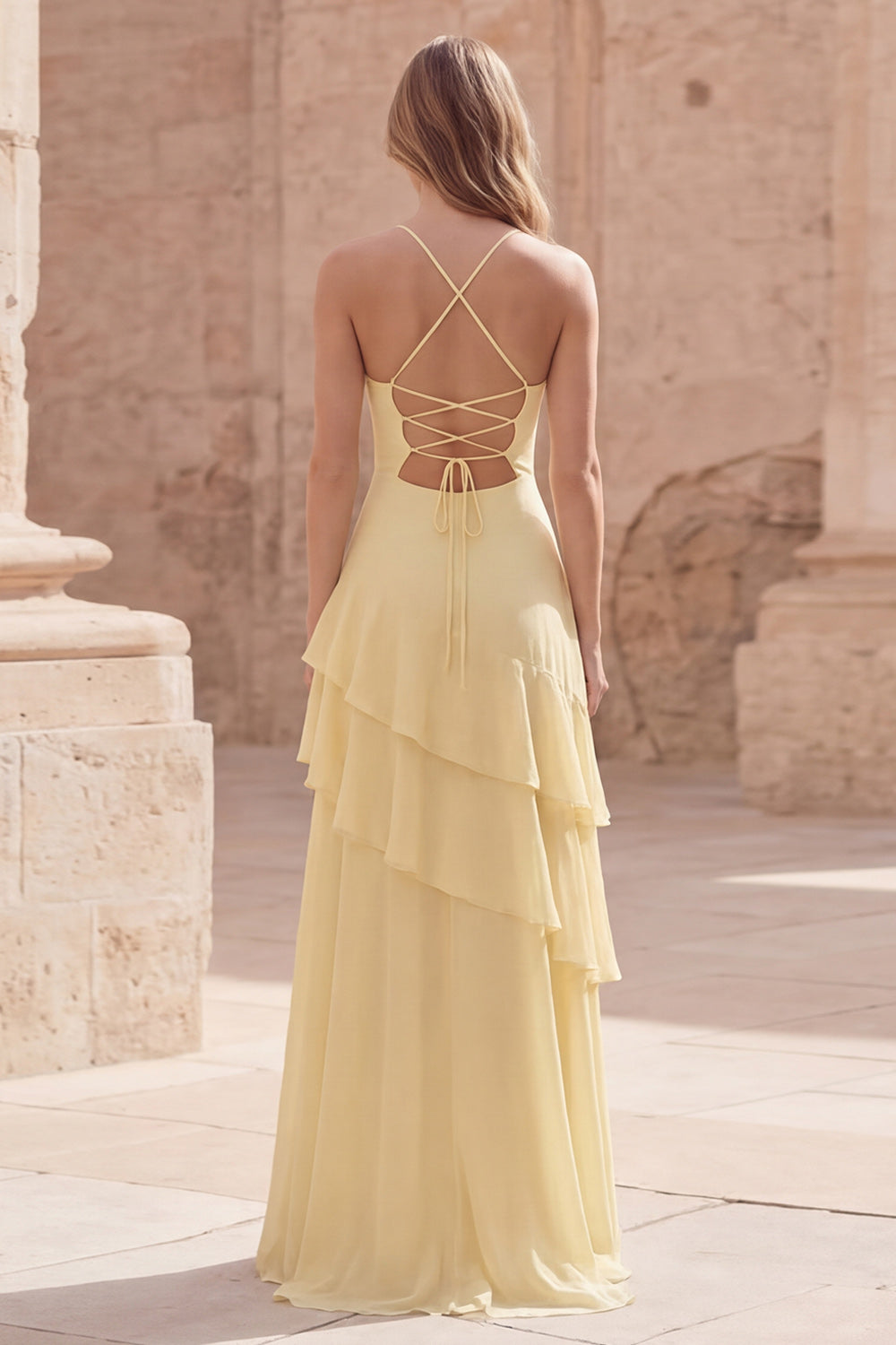 A Line Yellow Spaghetti Straps Ruffled Long Prom Dress