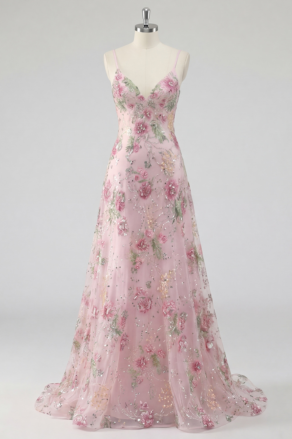 Sparkly Pink Sequins A Line Spaghetti Straps Floral Long Prom Dress
