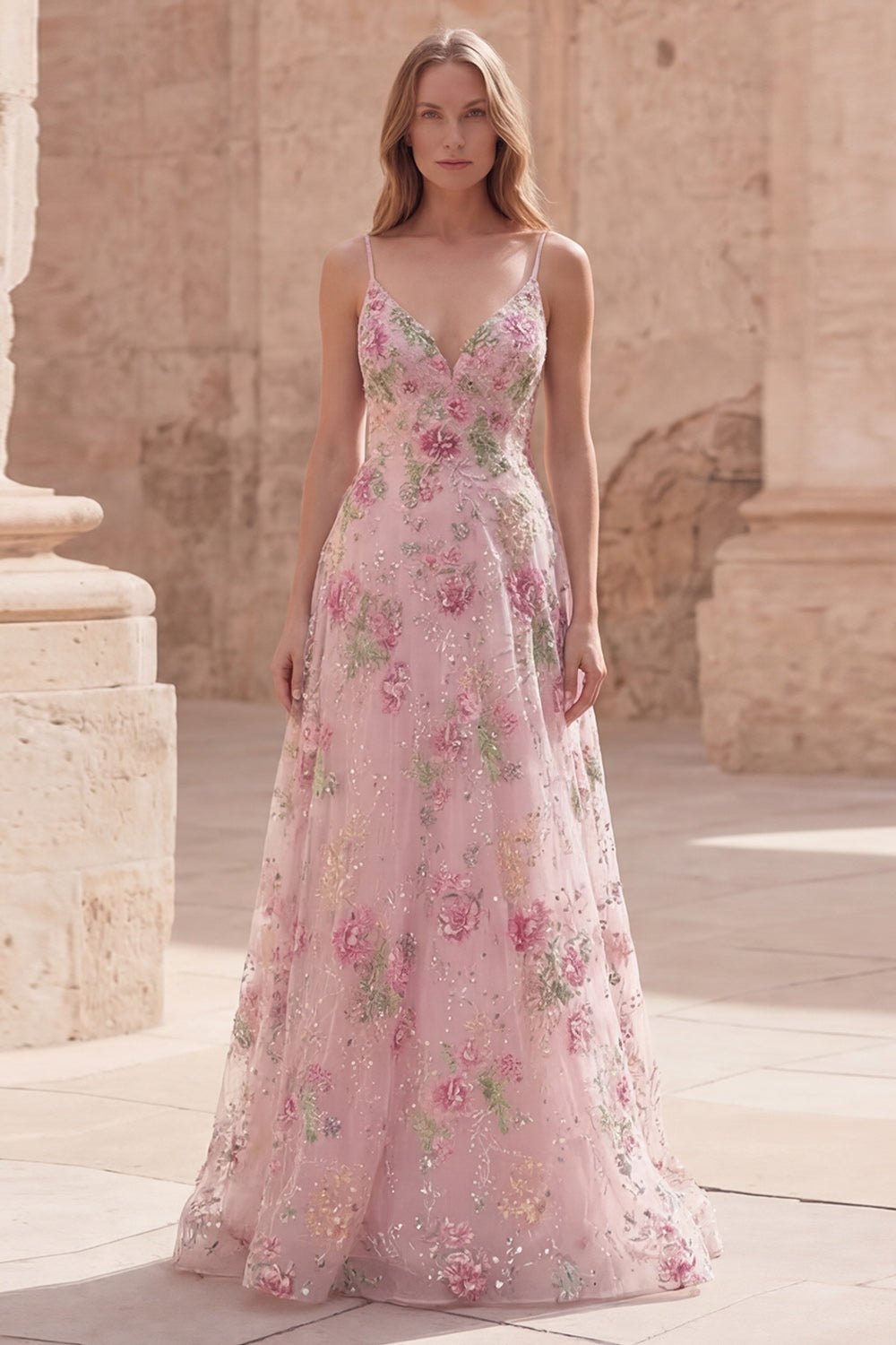 Sparkly Pink Sequins A Line Spaghetti Straps Floral Long Prom Dress