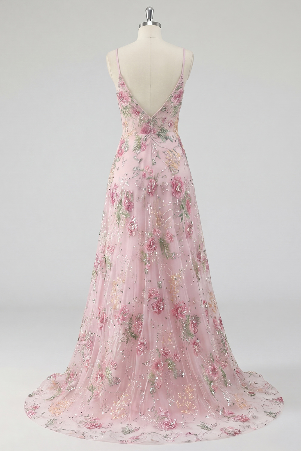 Sparkly Pink Sequins A Line Spaghetti Straps Floral Long Prom Dress