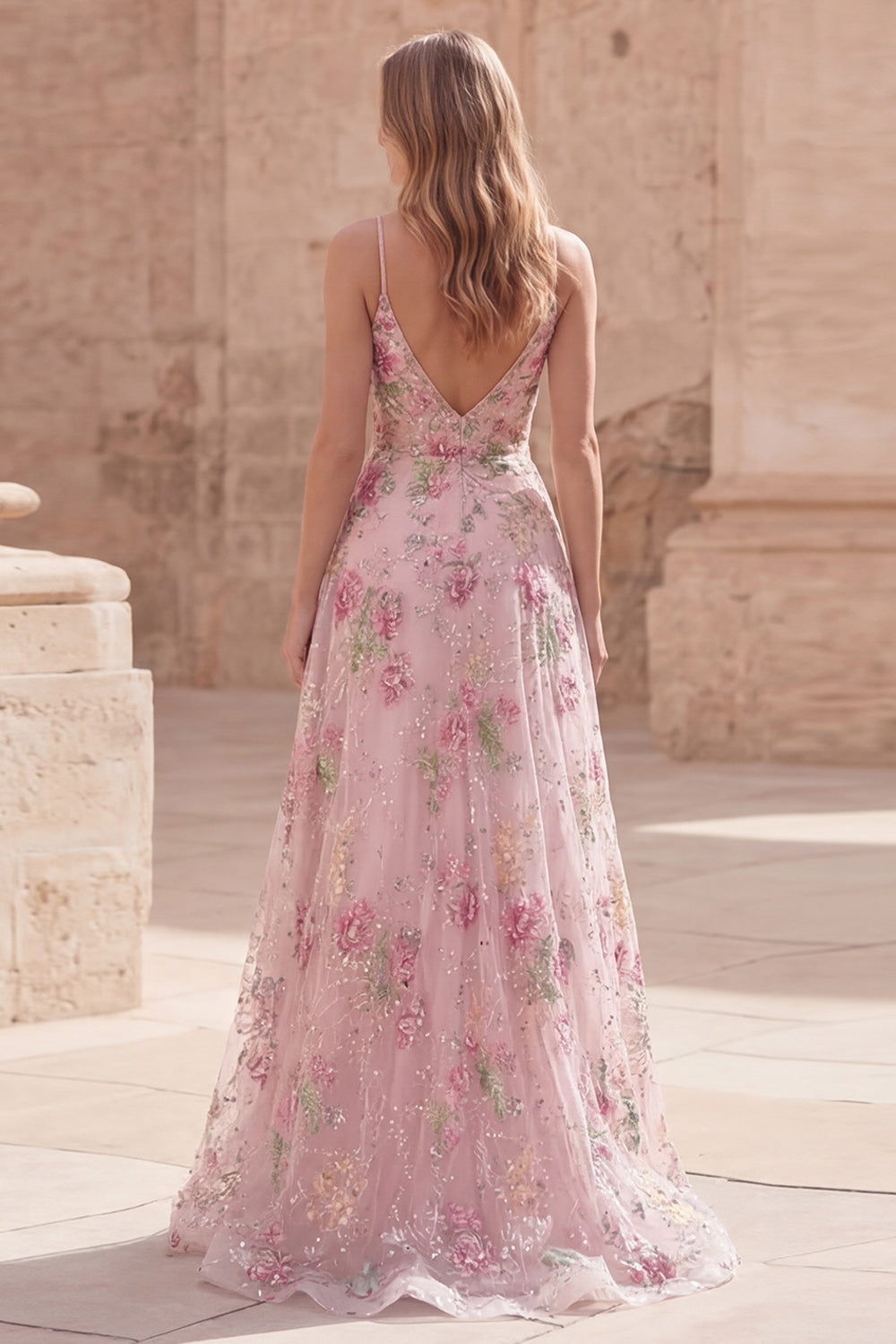 Sparkly Pink Sequins A Line Spaghetti Straps Floral Long Prom Dress