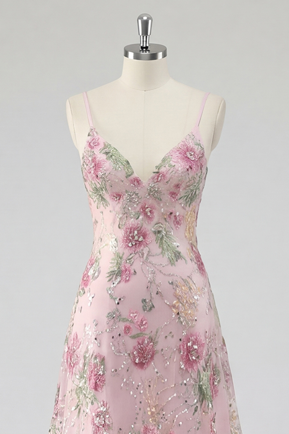 Sparkly Pink Sequins A Line Spaghetti Straps Floral Long Prom Dress