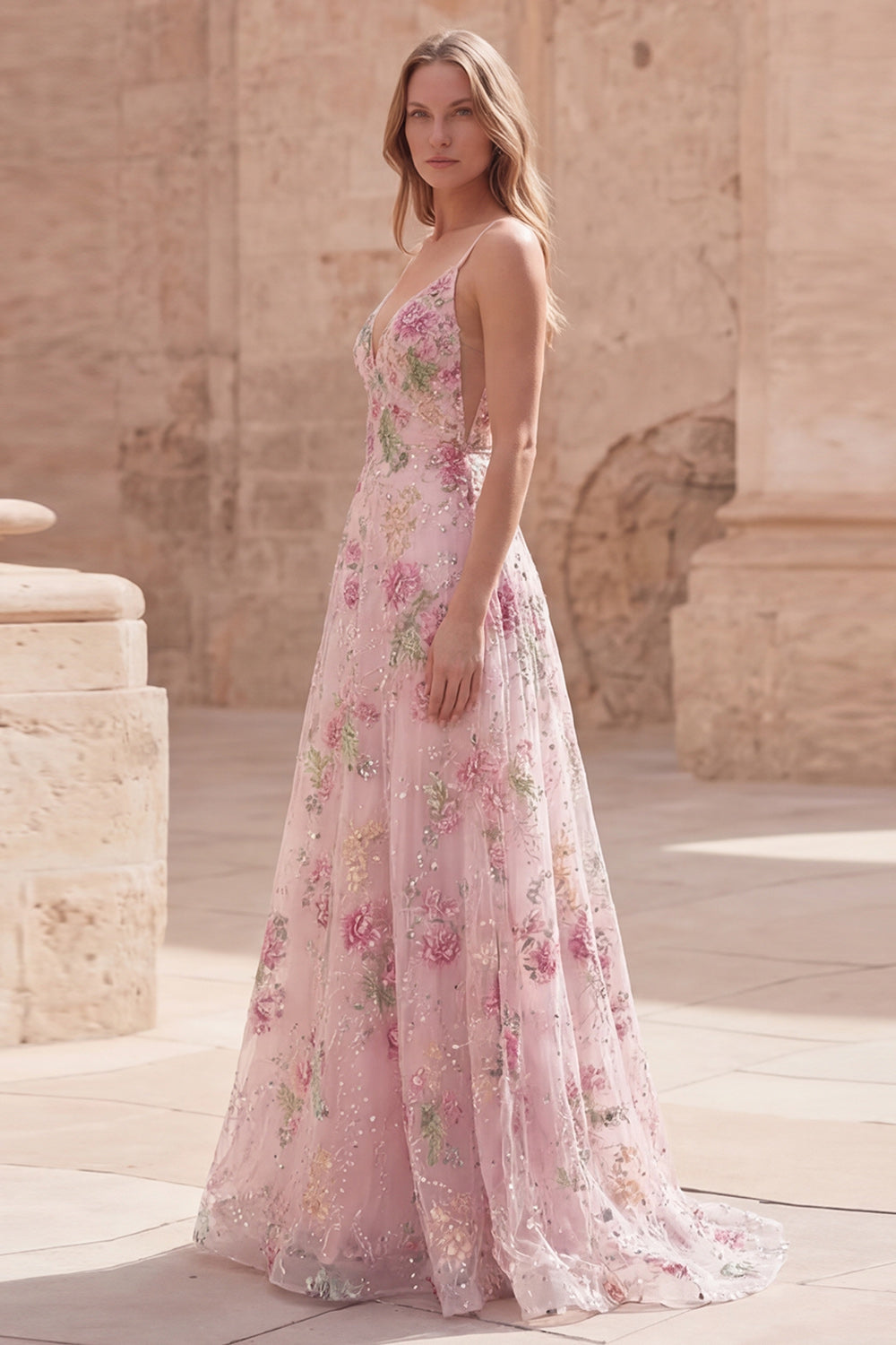 Sparkly Pink Sequins A Line Spaghetti Straps Floral Long Prom Dress