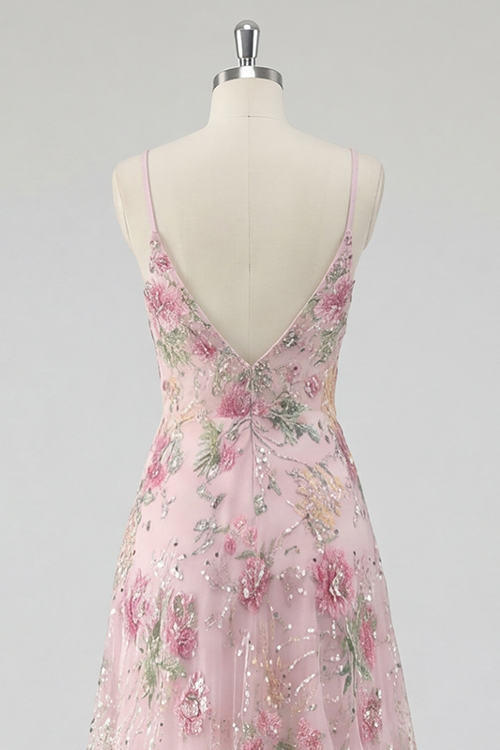 Sparkly Pink Sequins A Line Spaghetti Straps Floral Long Prom Dress