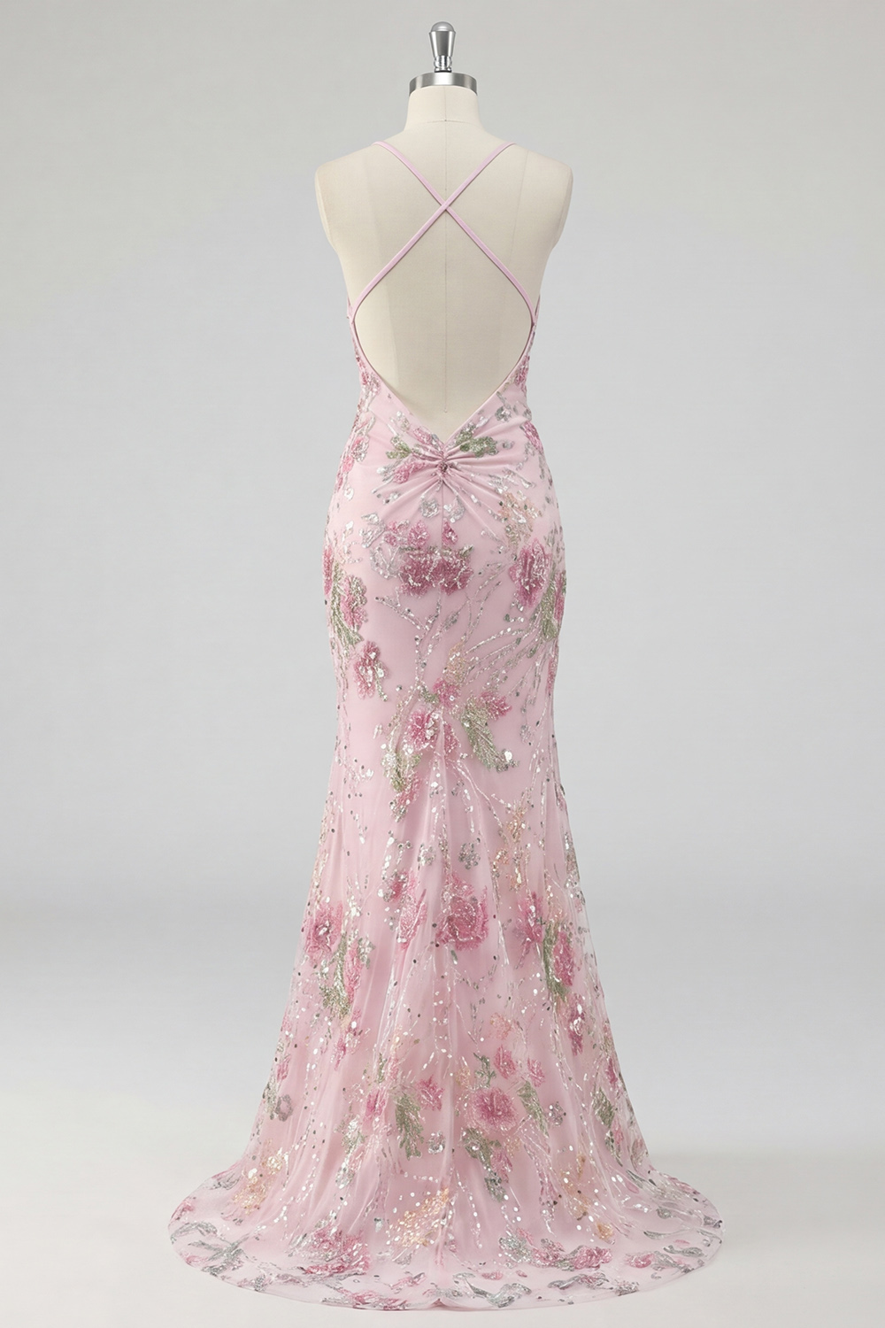 Sparkly Mermaid Pink Sequins Floral Long Prom Dress