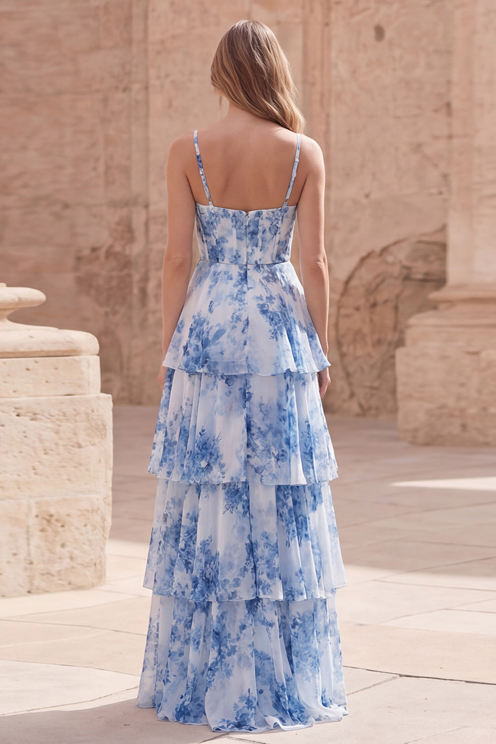 White Blue Flower Corset A Line Floral Long Prom Dress with Ruffles