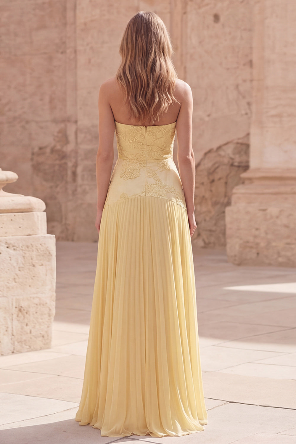 Yellow Strapless A Line Appliqued Long Prom Dress with Pleats