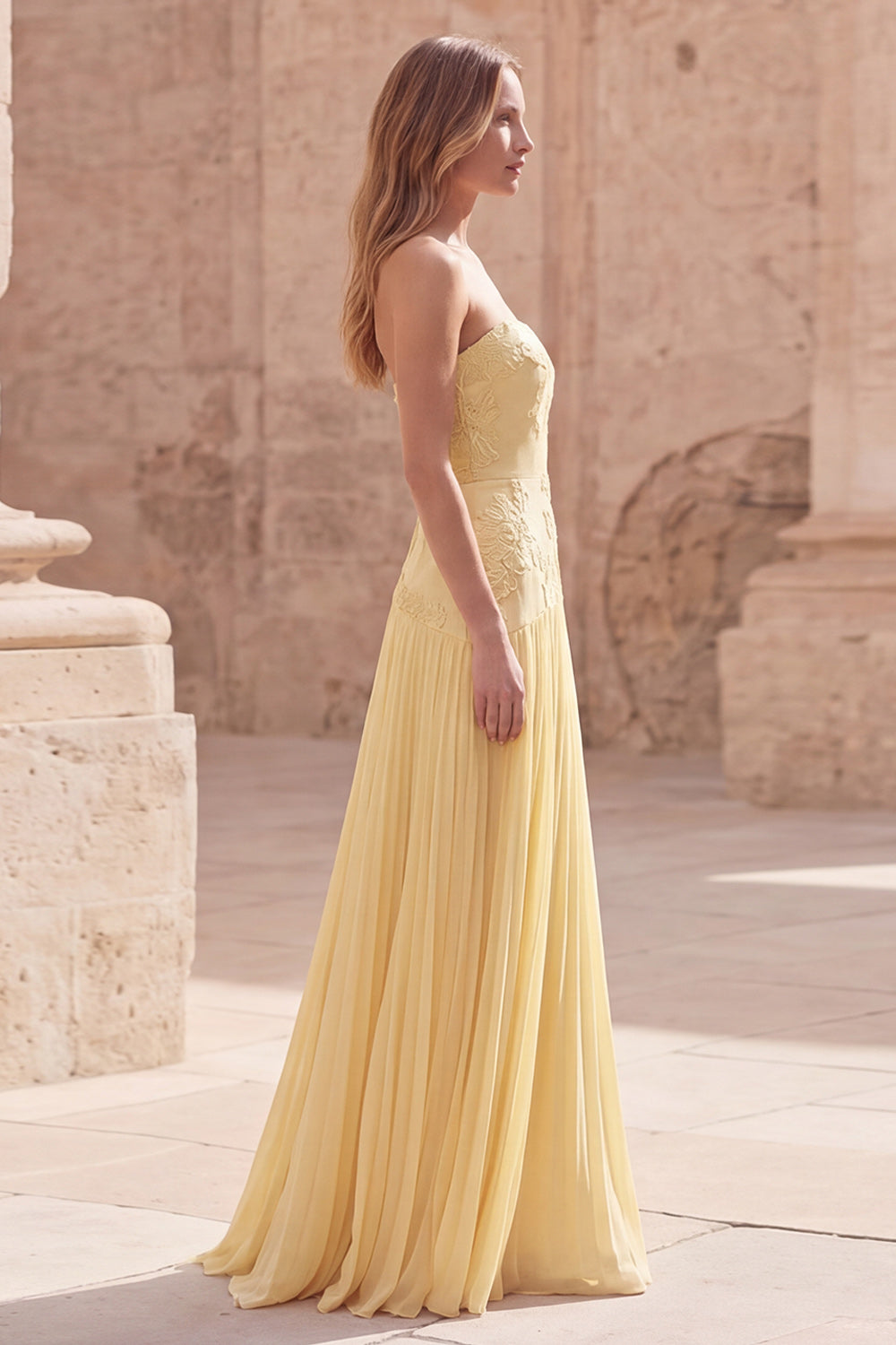 Yellow Strapless A Line Appliqued Long Prom Dress with Pleats