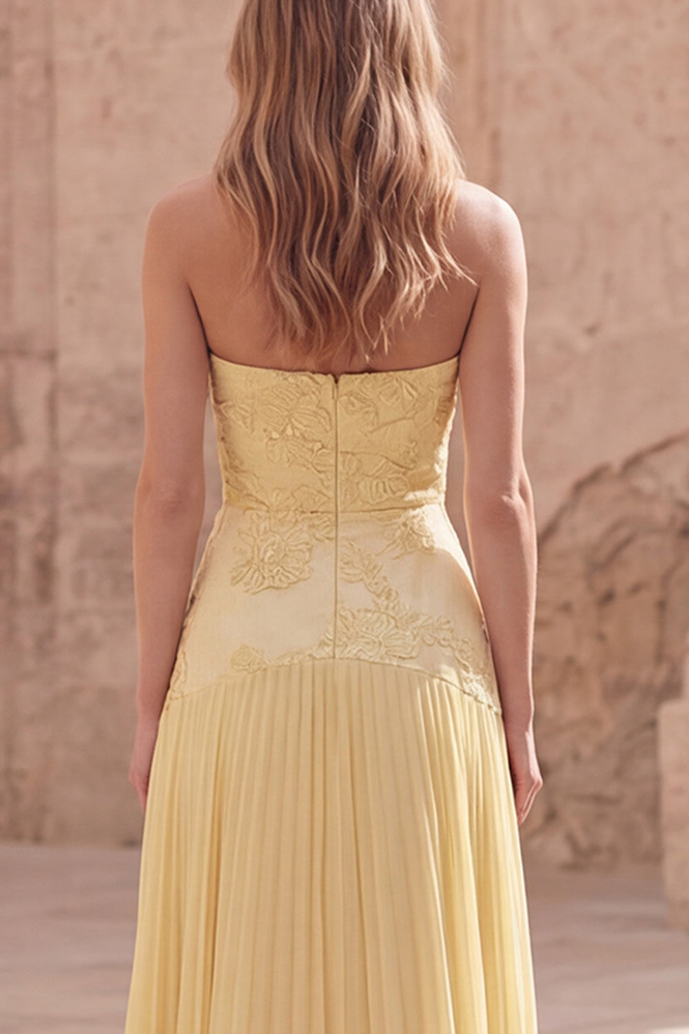 Yellow Strapless A Line Appliqued Long Prom Dress with Pleats