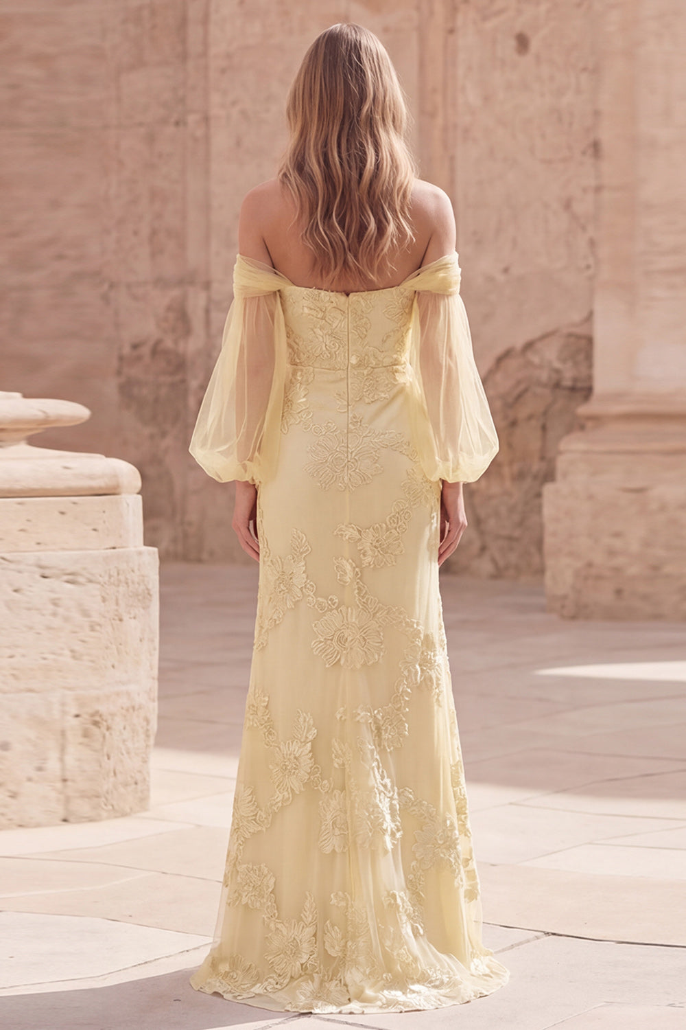 Yellow Mermaid Off the Shoulder Appliqued Long Prom Dress with Sleeves