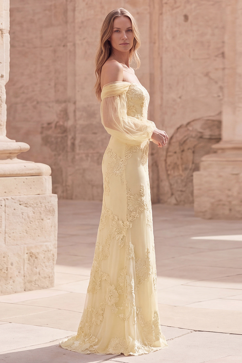 Yellow Mermaid Off the Shoulder Appliqued Long Prom Dress with Sleeves