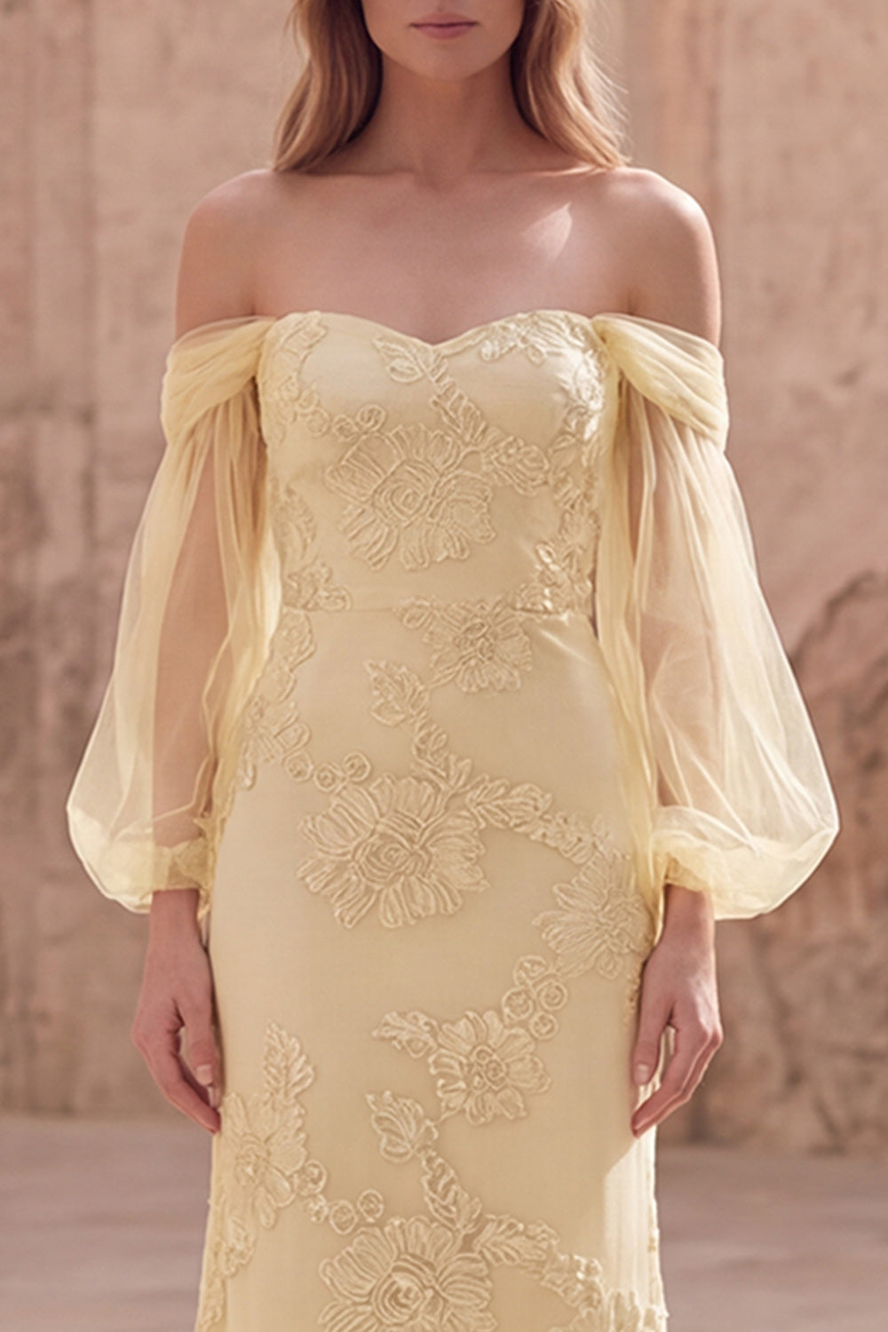 Yellow Mermaid Off the Shoulder Appliqued Long Prom Dress with Sleeves