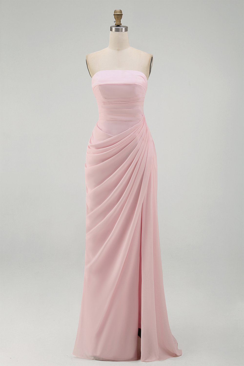 Light Pink Ruched Sheath Long Weding Guest Dress with Slit