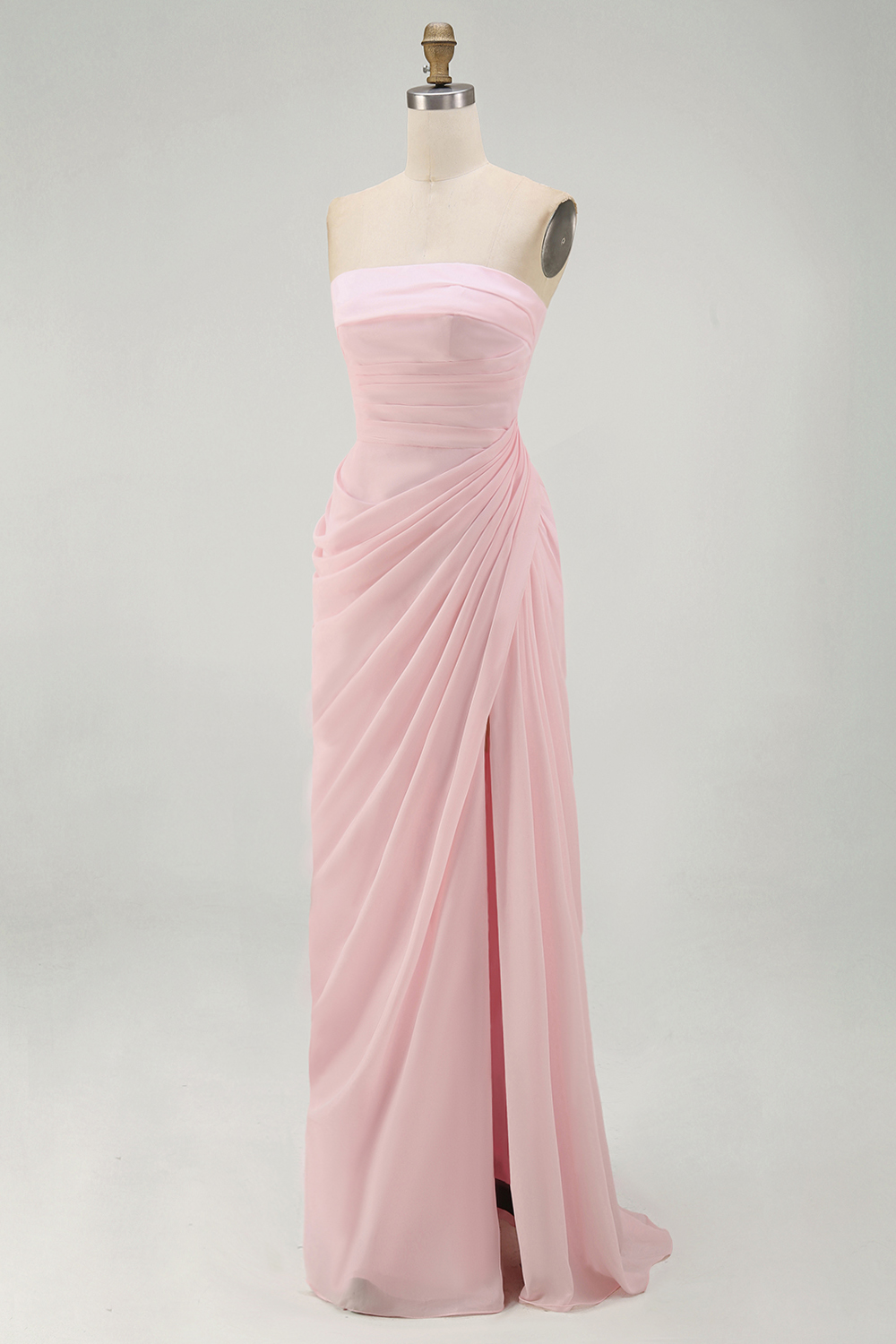 Light Pink Ruched Sheath Long Weding Guest Dress with Slit
