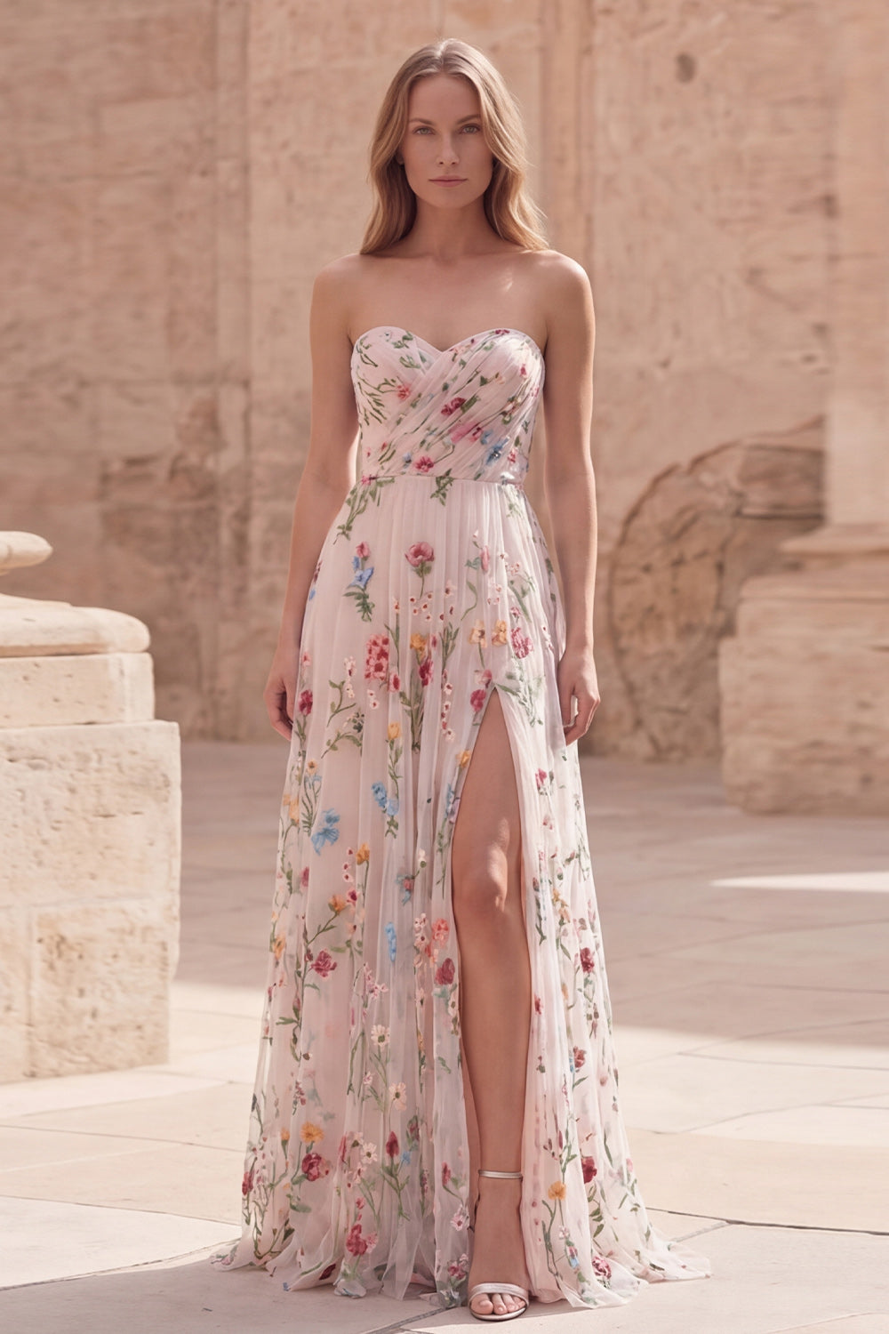 Ivory Flower A Line Strapless Ruched Maxi Prom Dress with Slit
