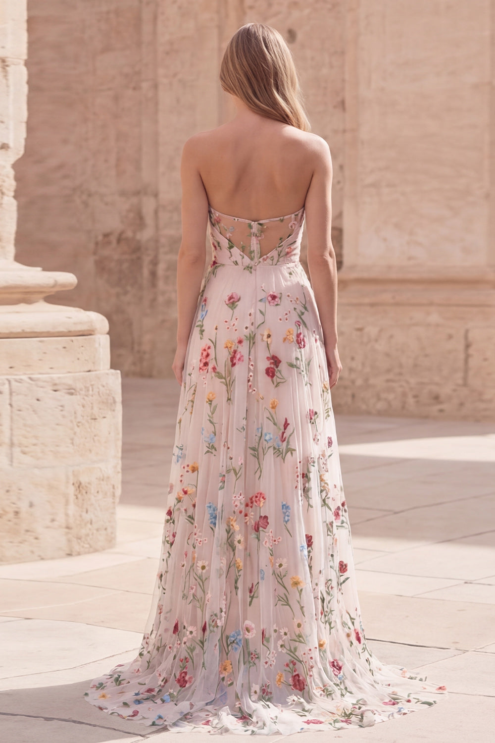 Ivory Flower A Line Strapless Ruched Maxi Prom Dress with Slit