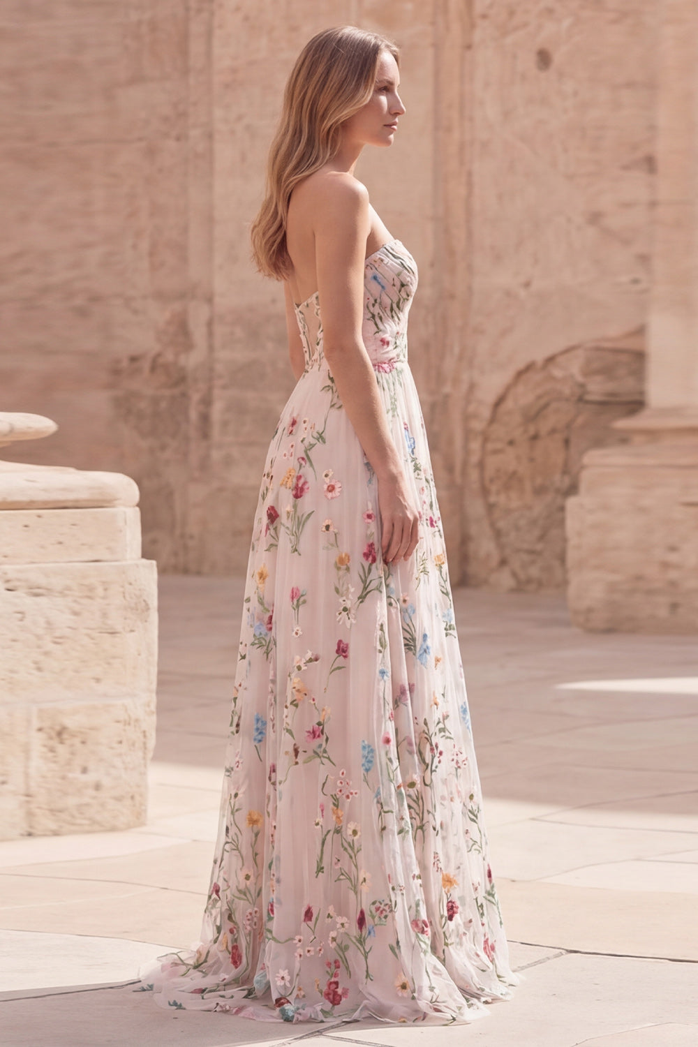 Ivory Flower A Line Strapless Ruched Maxi Prom Dress with Slit