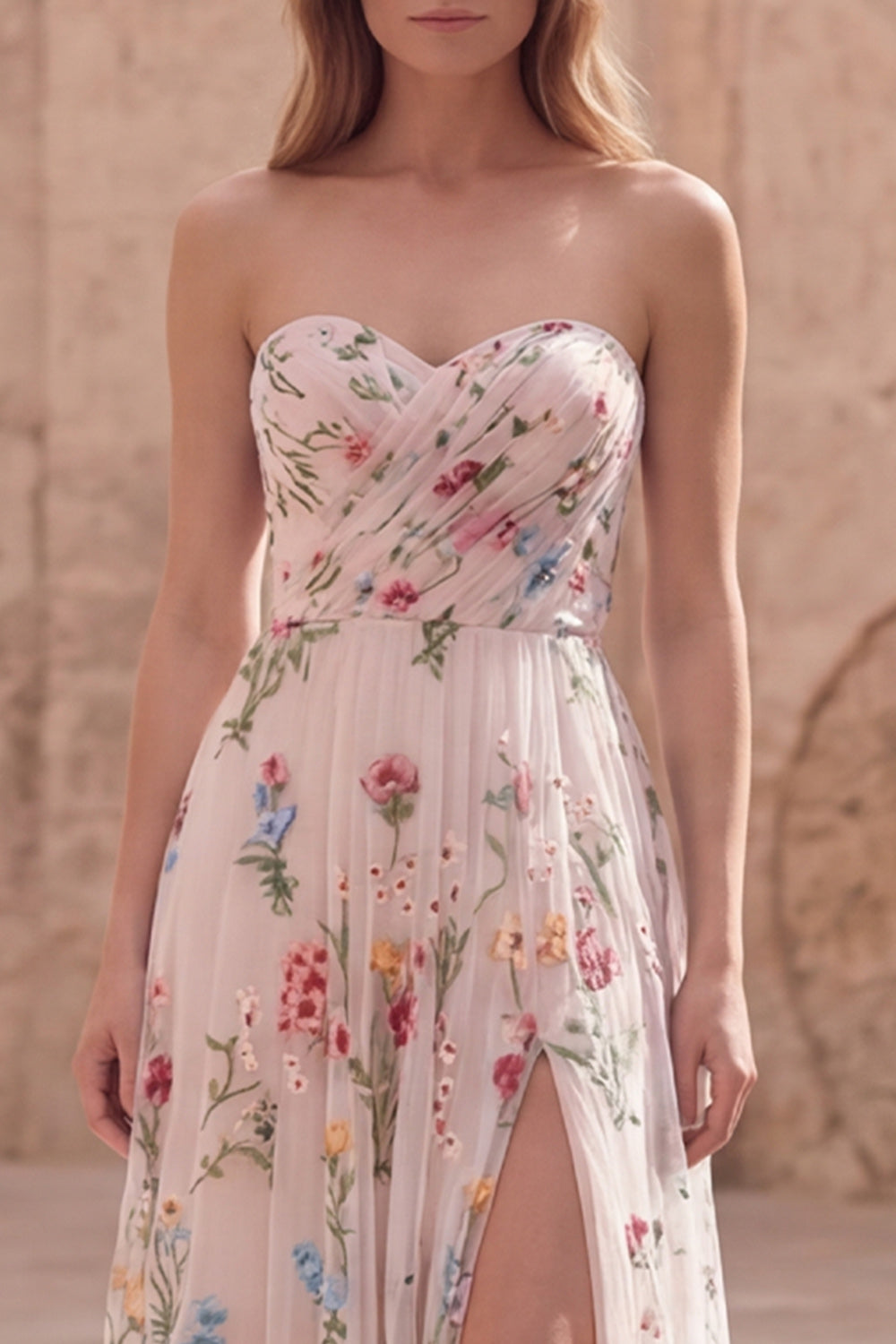 Ivory Flower A Line Strapless Ruched Maxi Prom Dress with Slit