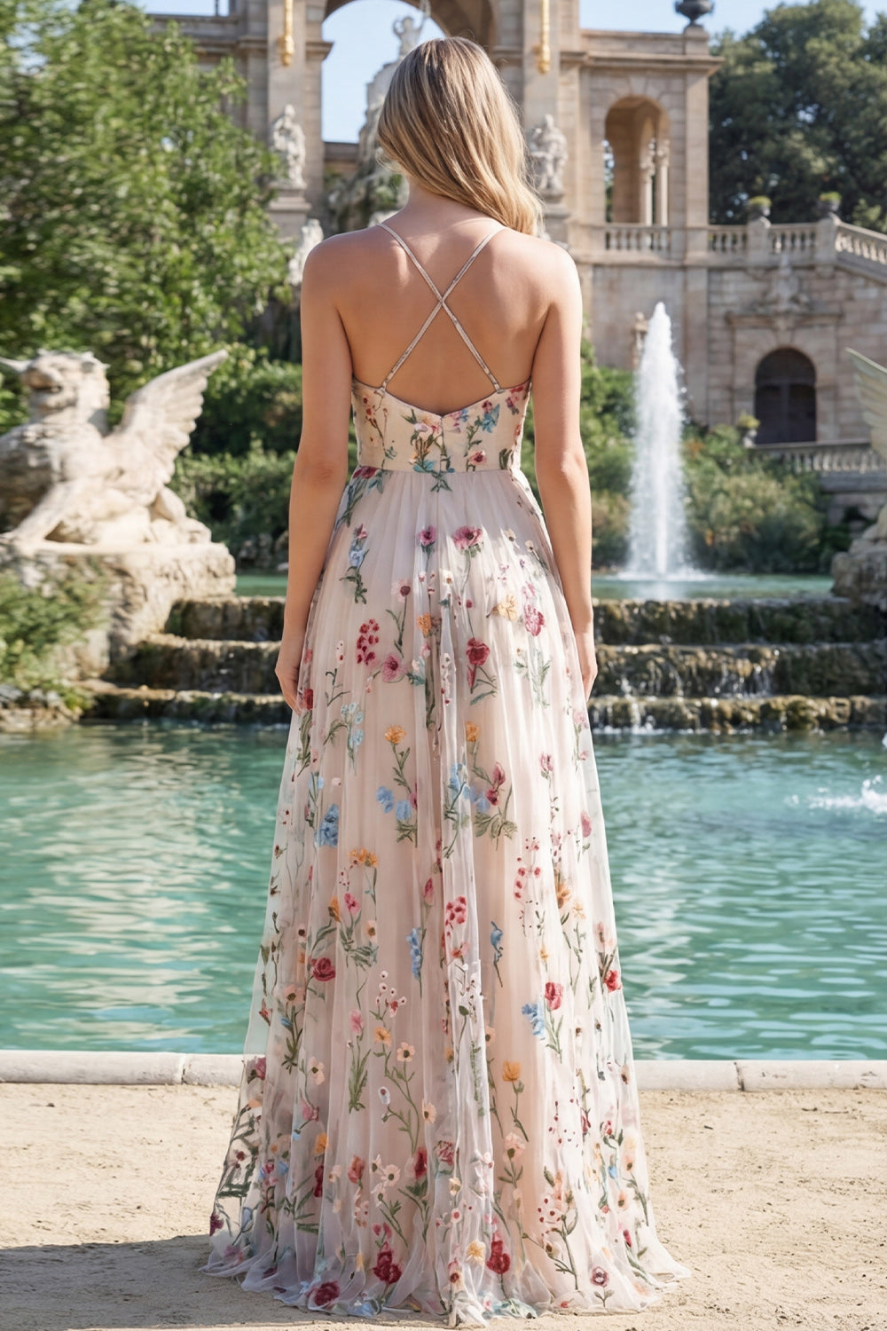 A Line Spaghetti Straps Ivory Flower Long Ruched Prom Dress with Slit