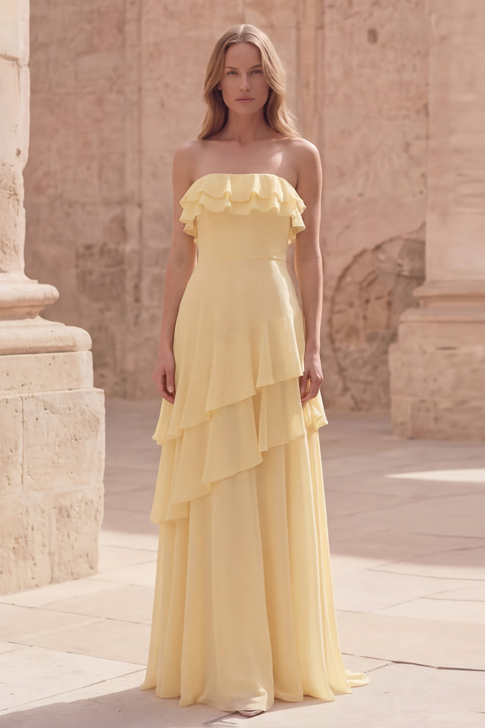 Yellow Strapless A Line Tiered Long Wedding Guest Dress with Ruffles
