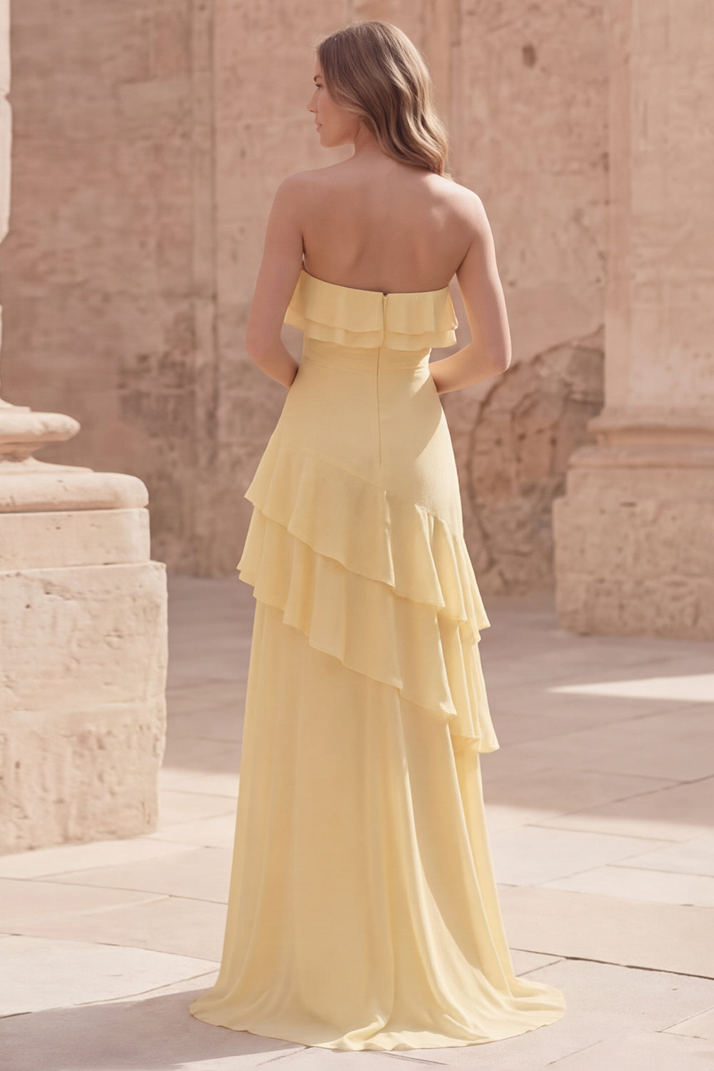 Yellow Strapless A Line Tiered Long Wedding Guest Dress with Ruffles