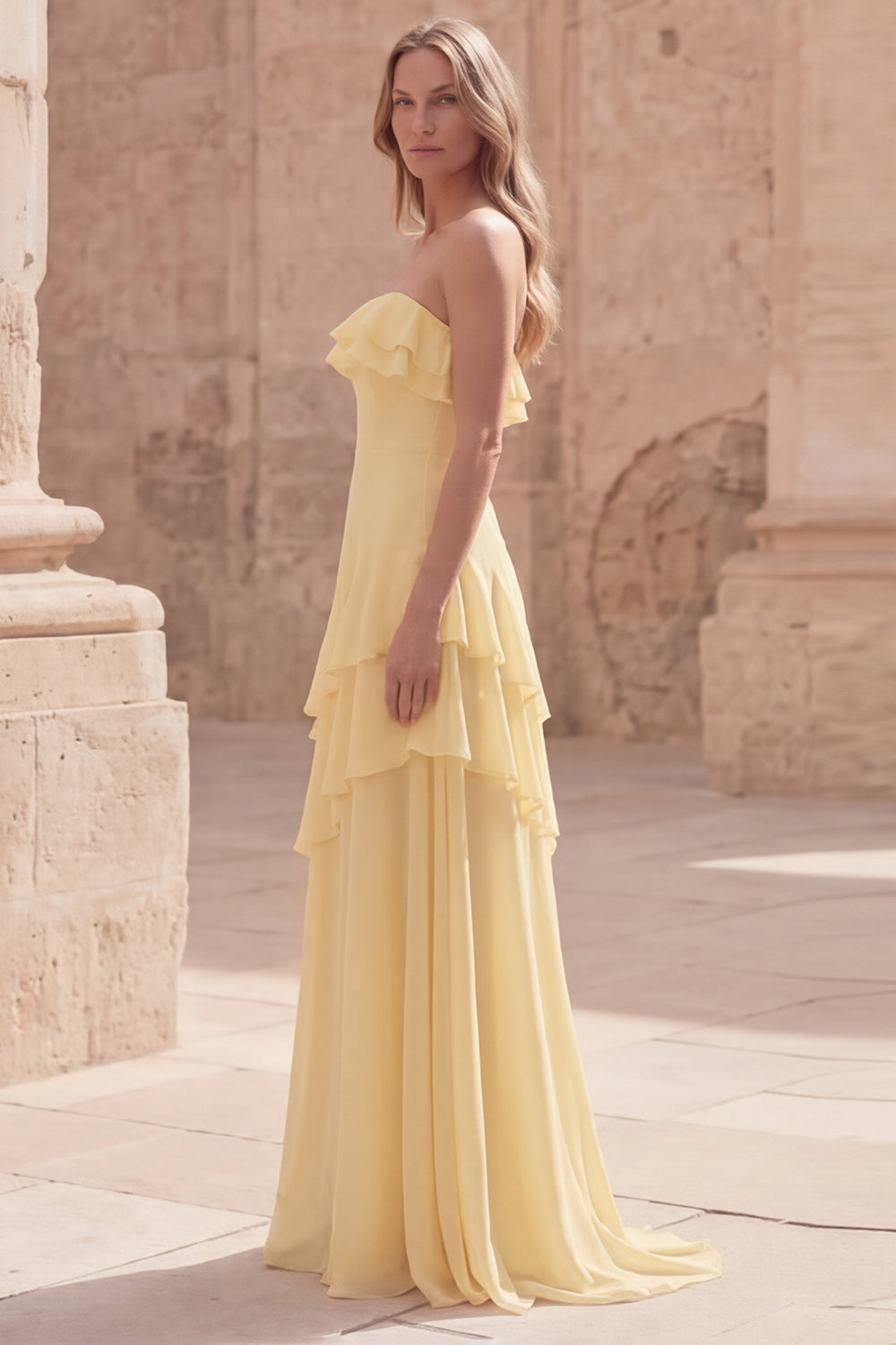 Yellow Strapless A Line Tiered Long Wedding Guest Dress with Ruffles