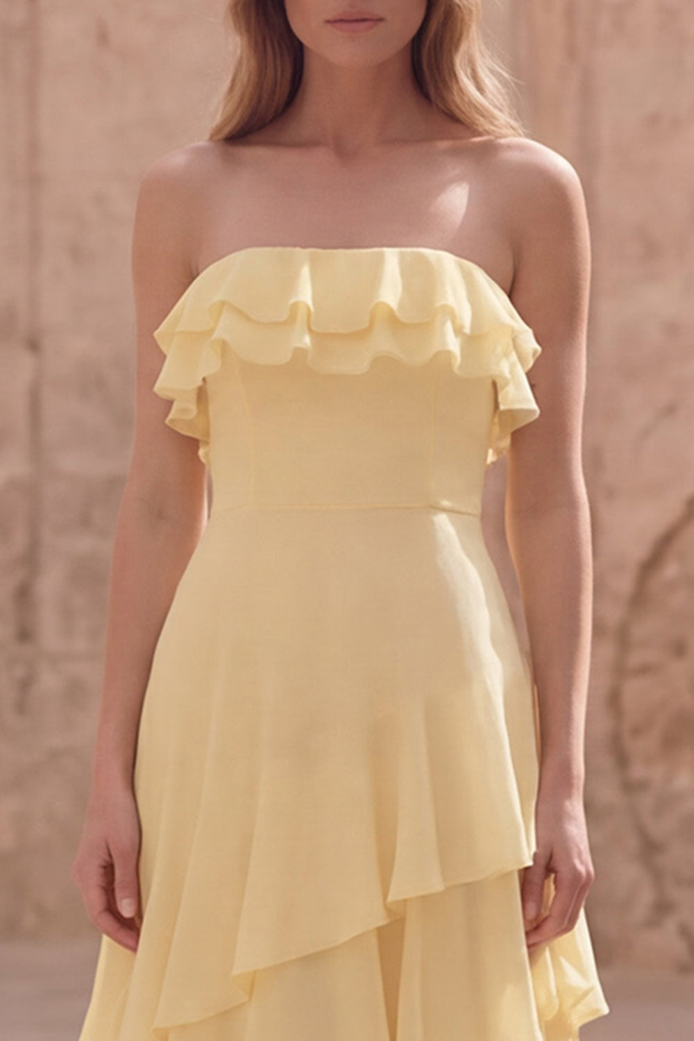 Yellow Strapless A Line Tiered Long Wedding Guest Dress with Ruffles