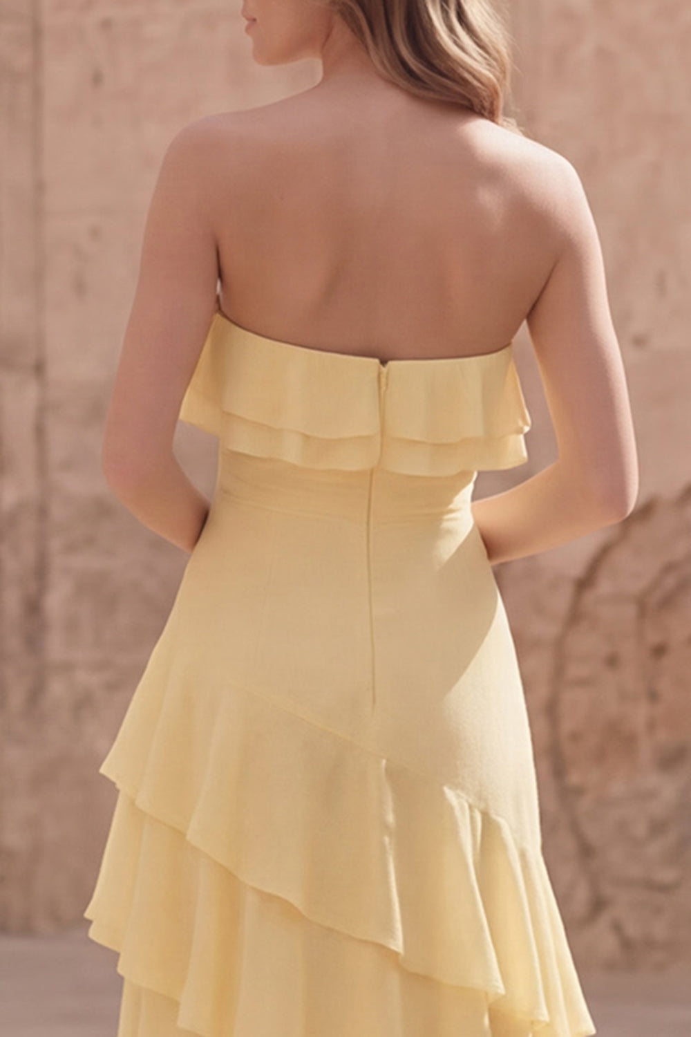 Yellow Strapless A Line Tiered Long Wedding Guest Dress with Ruffles