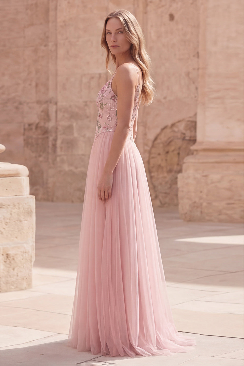 Saprkly Pink Floral Spaghetti Straps A Line Long Prom Dress