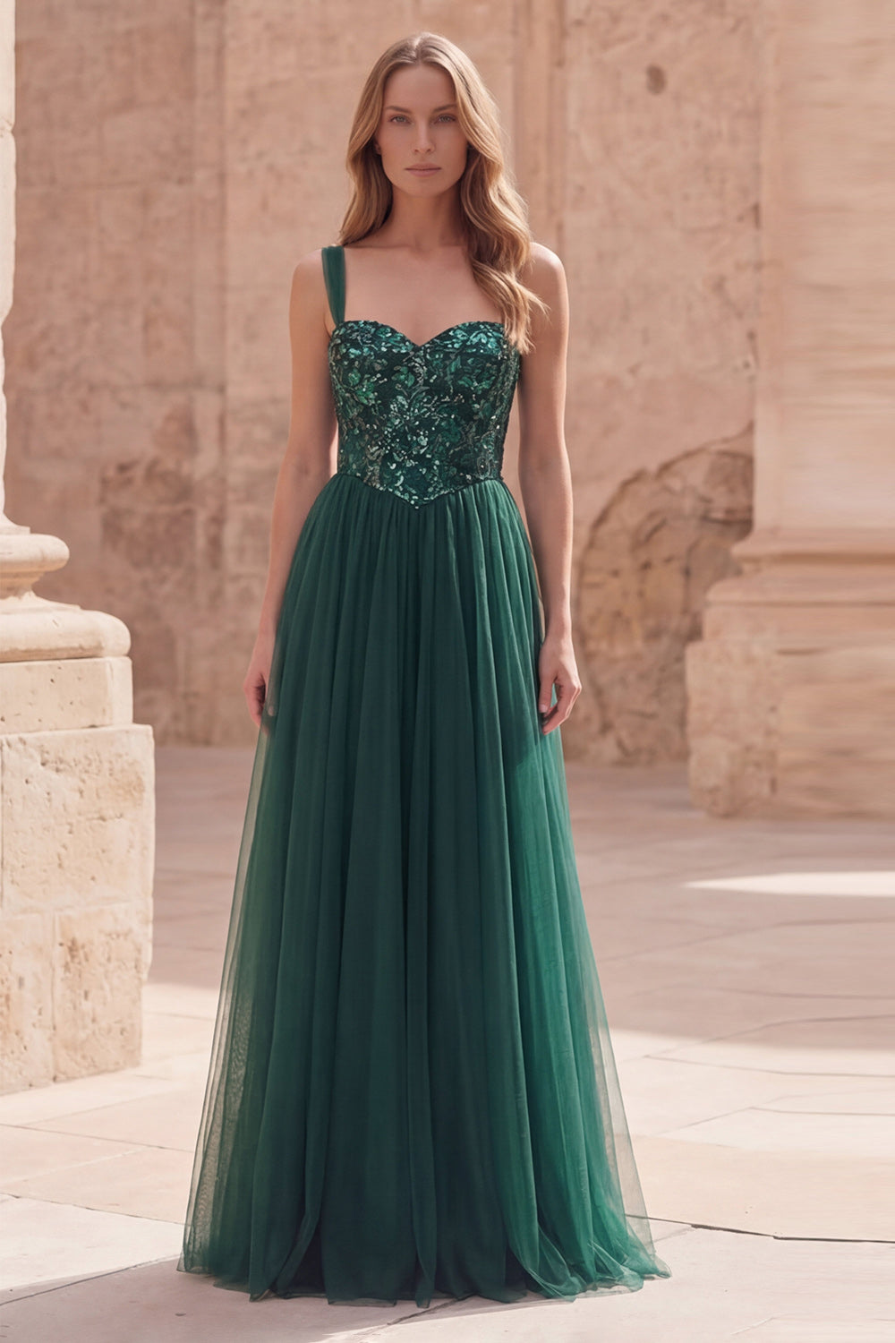 Sparkly Dark Green Tulle A Line Long Prom Dress with Sequins