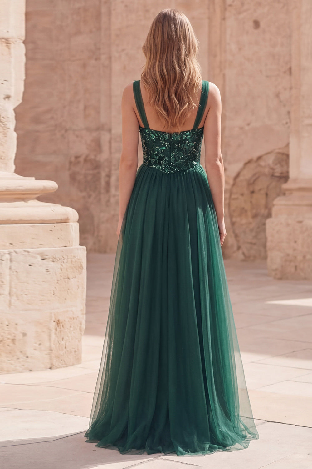 Sparkly Dark Green Tulle A Line Long Prom Dress with Sequins