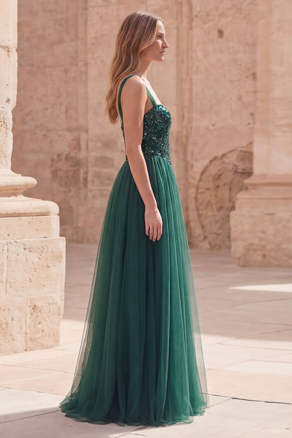 Sparkly Dark Green Tulle A Line Long Prom Dress with Sequins