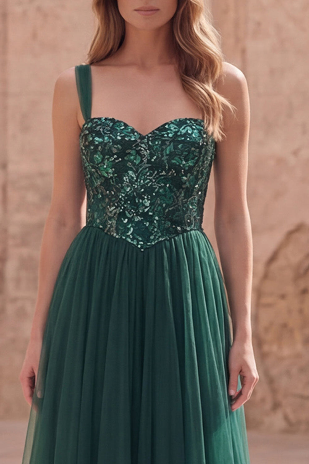 Sparkly Dark Green Tulle A Line Long Prom Dress with Sequins