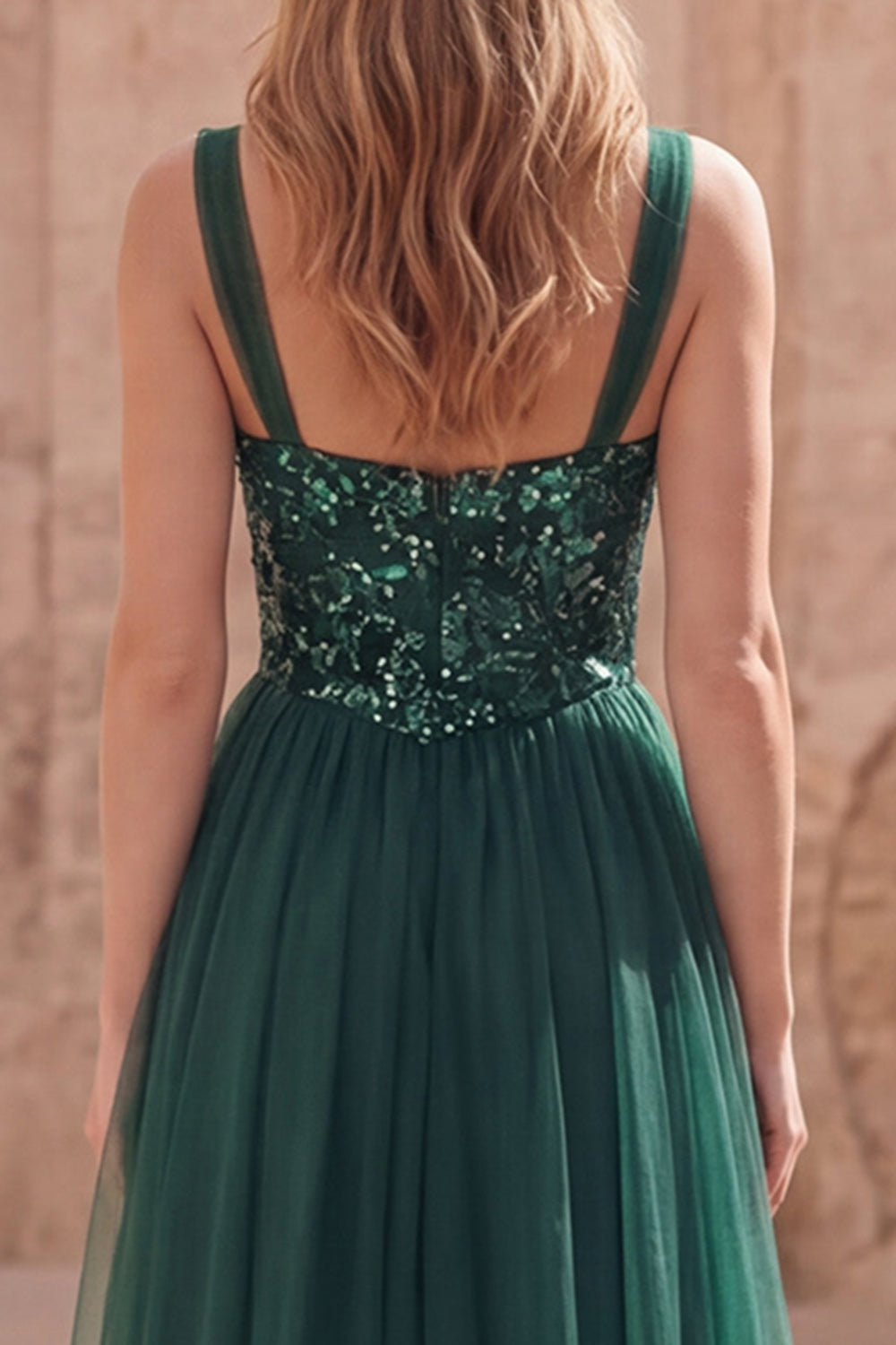 Sparkly Dark Green Tulle A Line Long Prom Dress with Sequins