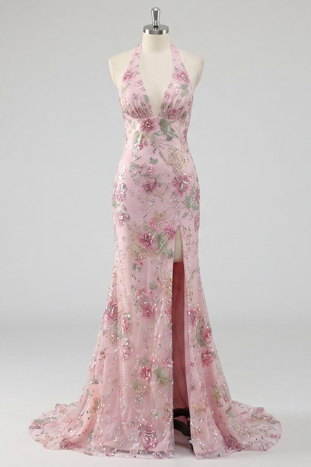 Sparkly Pink Mermaid Floral Sequins Long Prom Dress with Slit