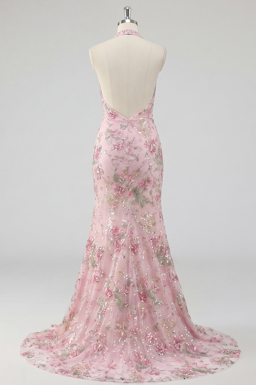 Sparkly Pink Mermaid Floral Sequins Long Prom Dress with Slit