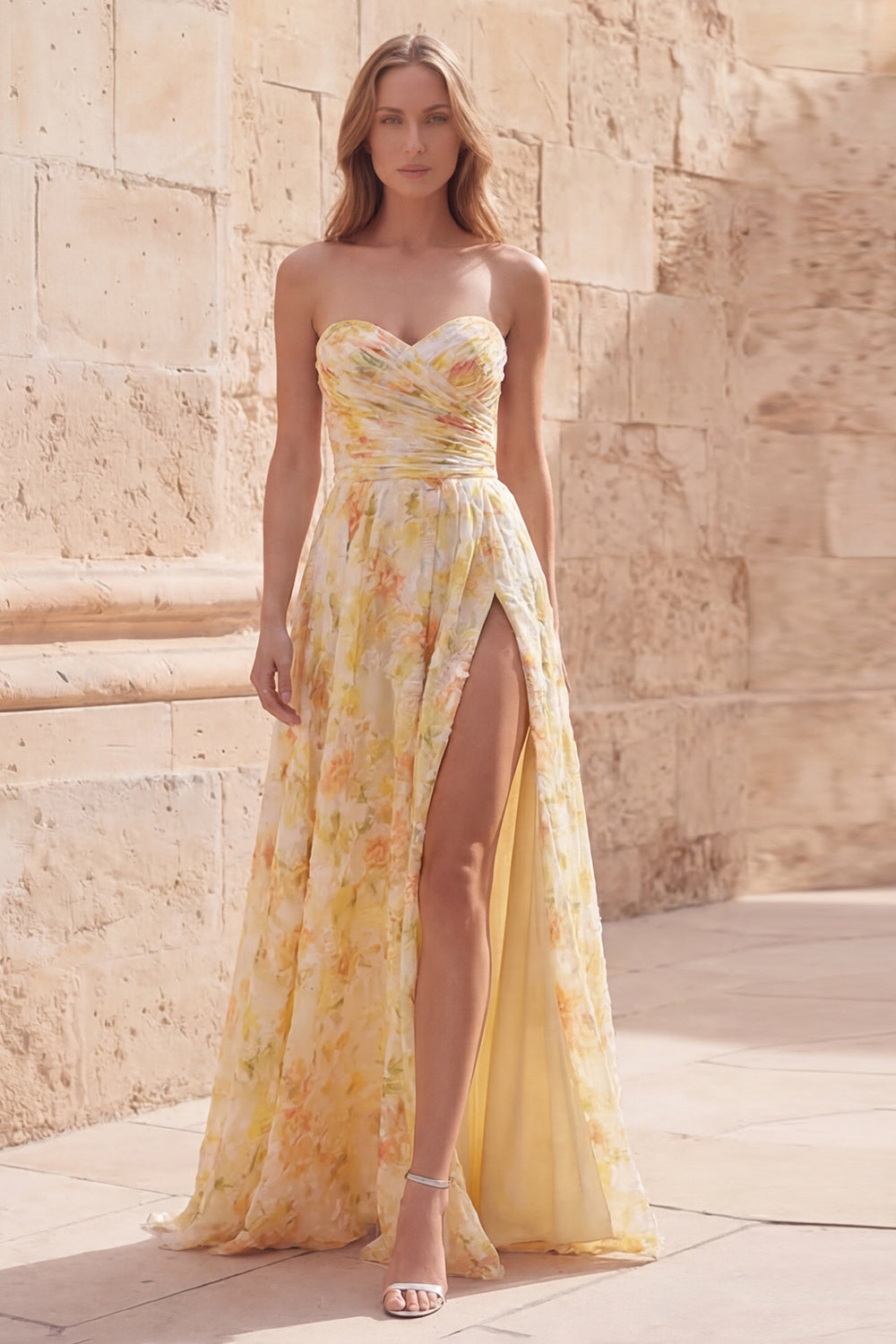 Yellow Floral A Line Strapless Ruched Long Prom Dress with Slit