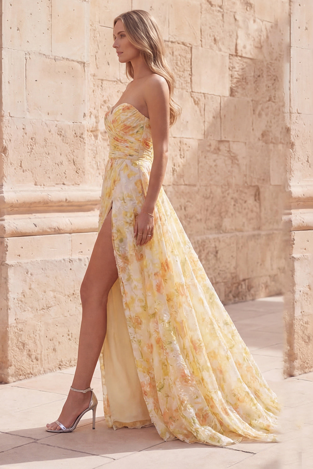 Yellow Floral A Line Strapless Ruched Long Prom Dress with Slit