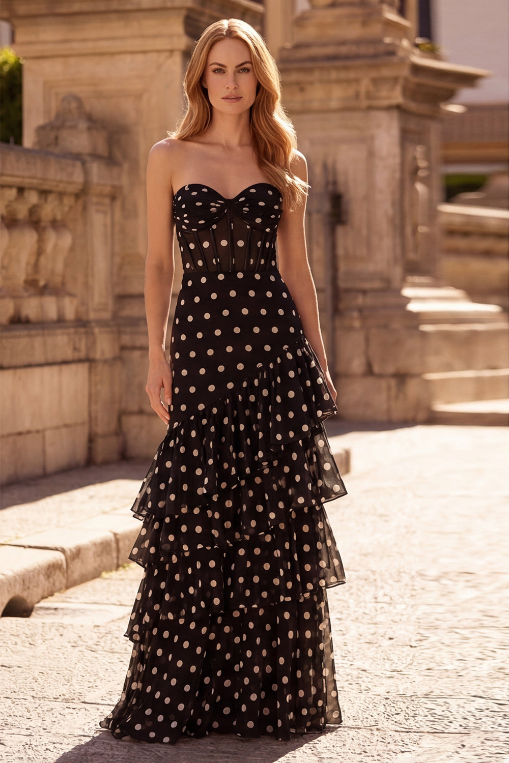 A Line Corset Black Strapless Long Prom Dress with Ruffles