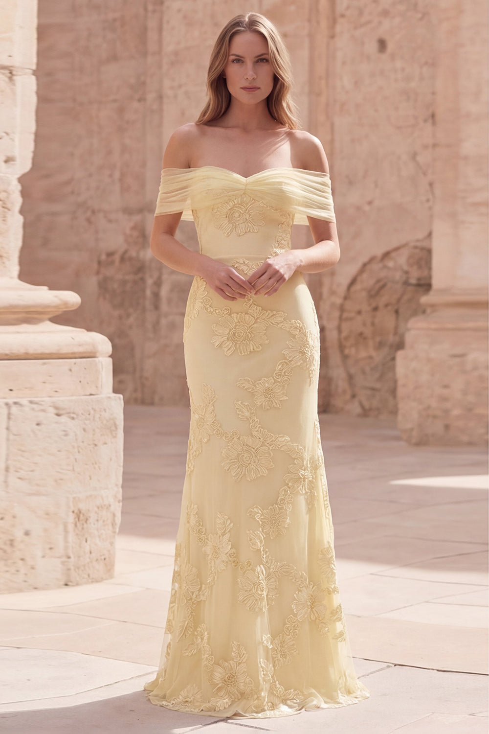 Yellow Off the Shoulder Appliqued Long Mermaid Prom Dress