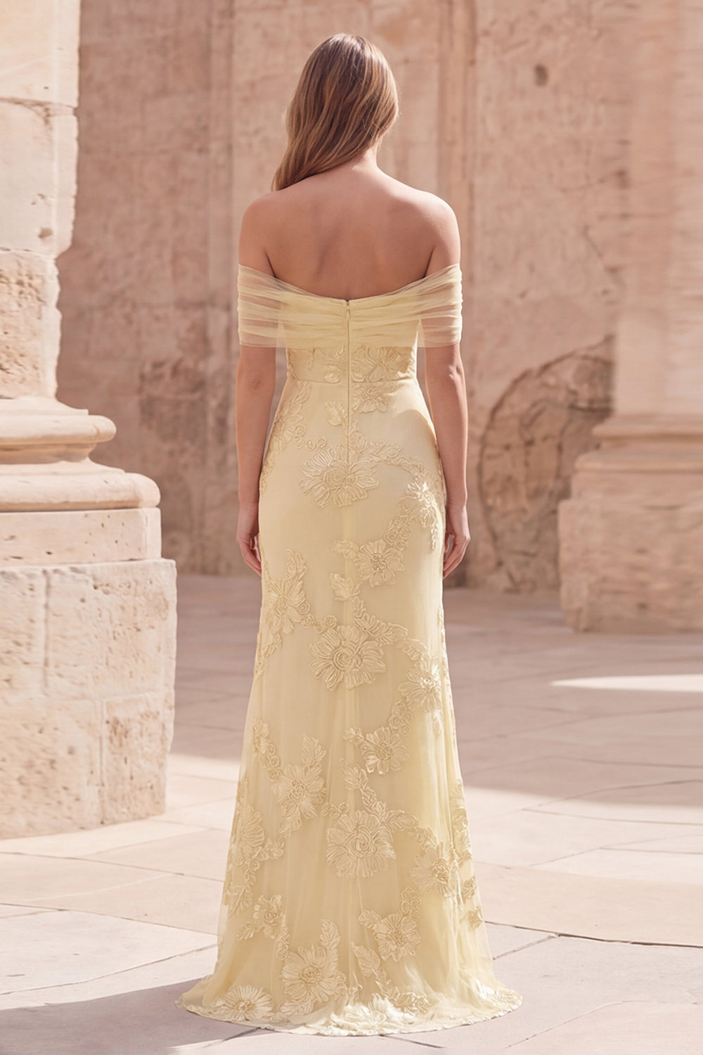 Yellow Off the Shoulder Appliqued Long Mermaid Prom Dress