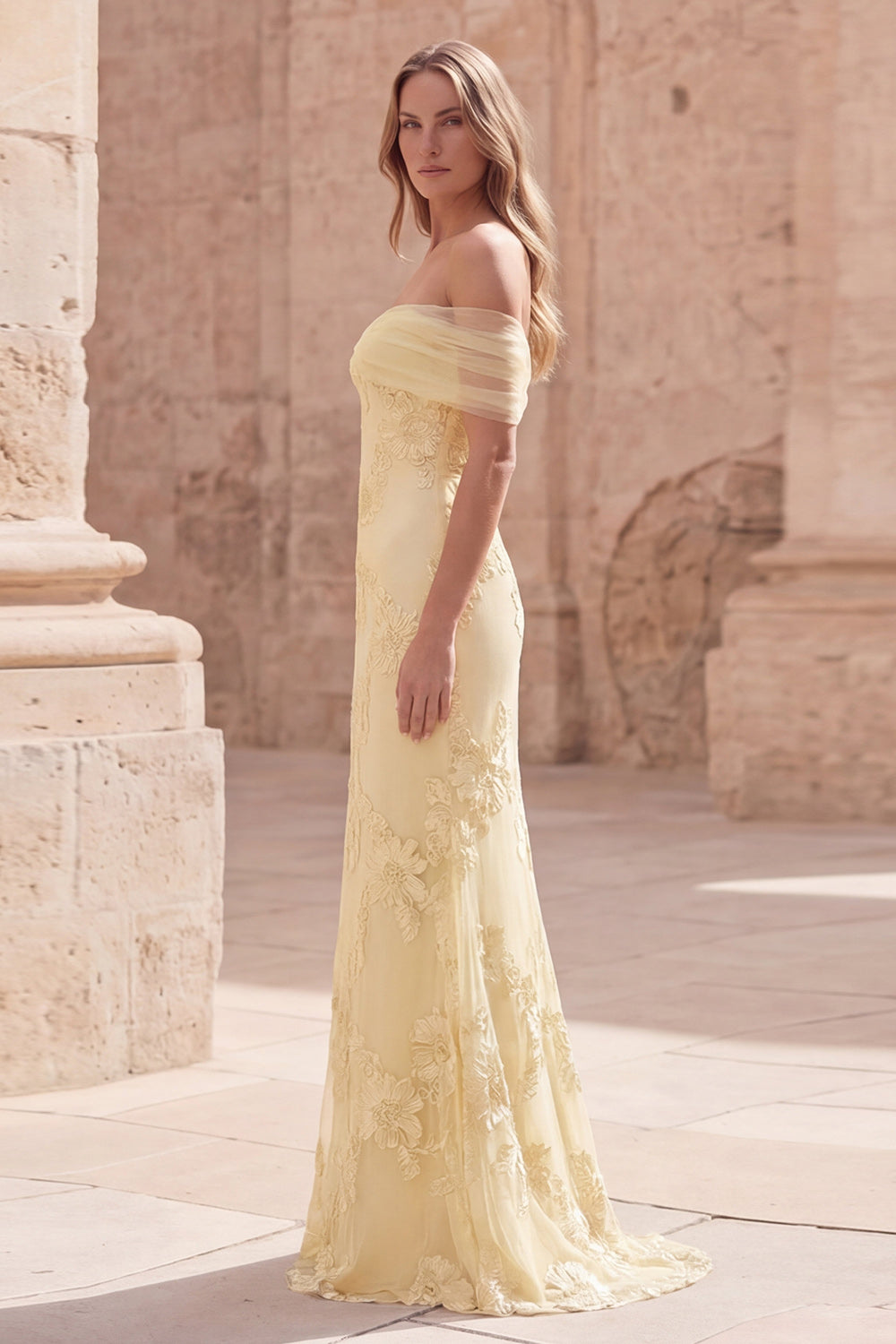Yellow Off the Shoulder Appliqued Long Mermaid Prom Dress