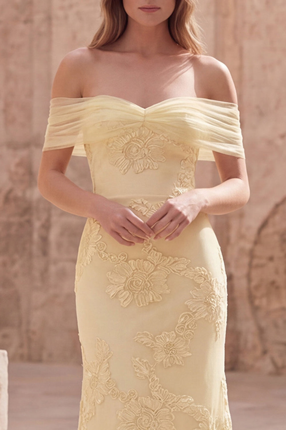 Yellow Off the Shoulder Appliqued Long Mermaid Prom Dress