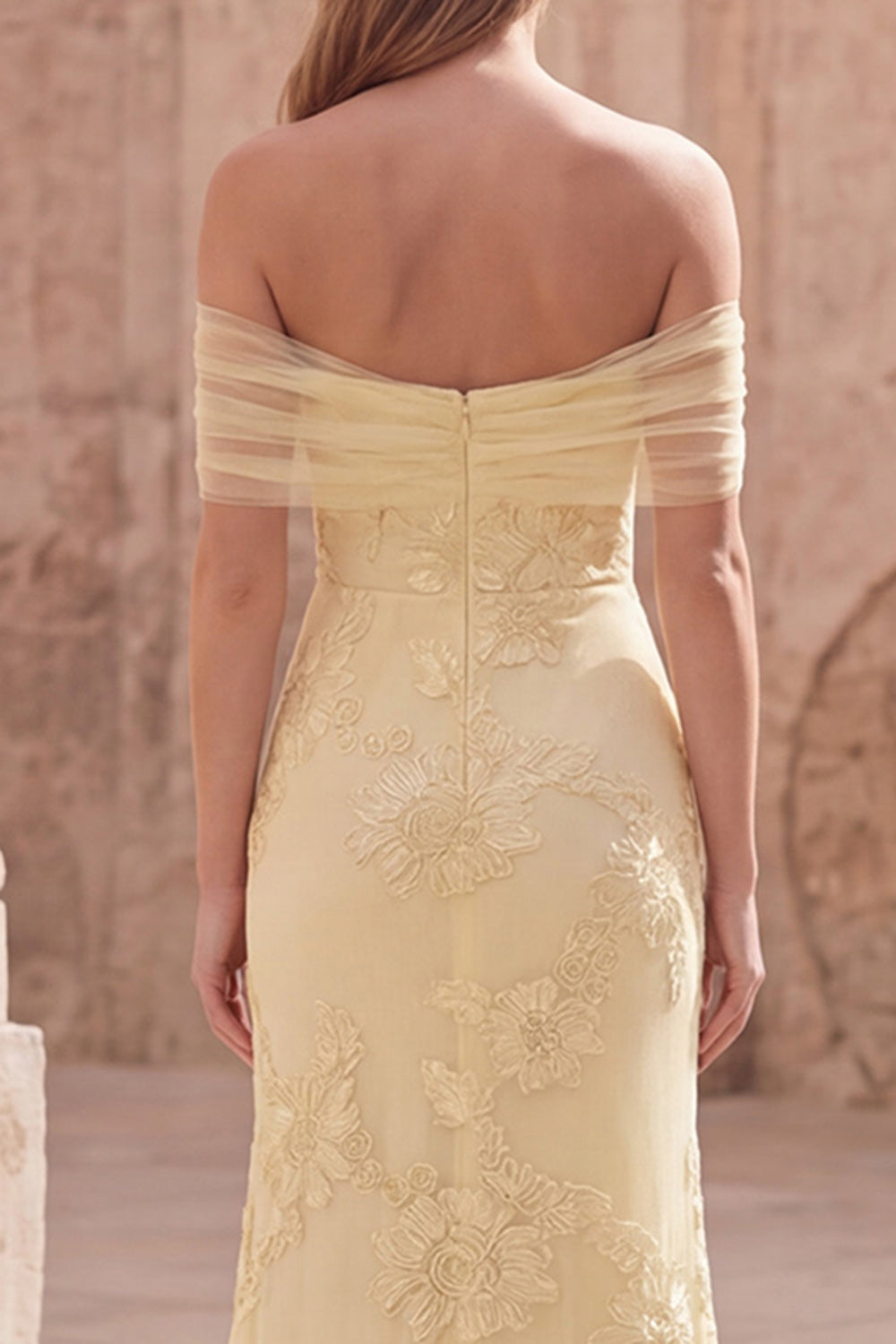 Yellow Off the Shoulder Appliqued Long Mermaid Prom Dress