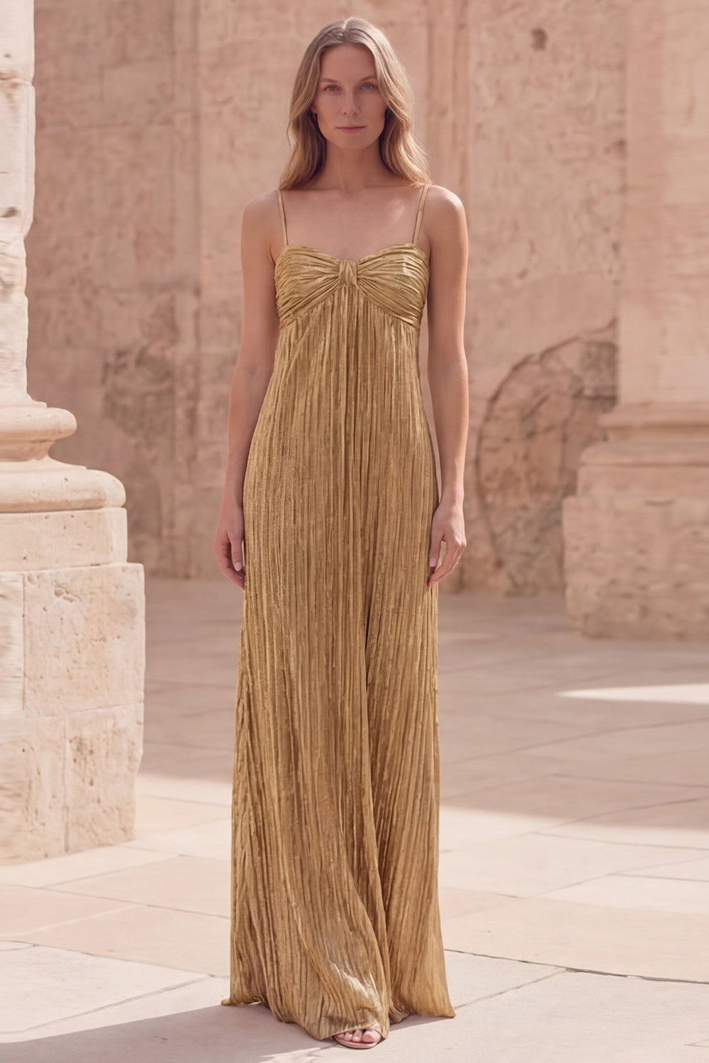 Gold A Line Spaghetti Straps Long Evening Dress with Pleats