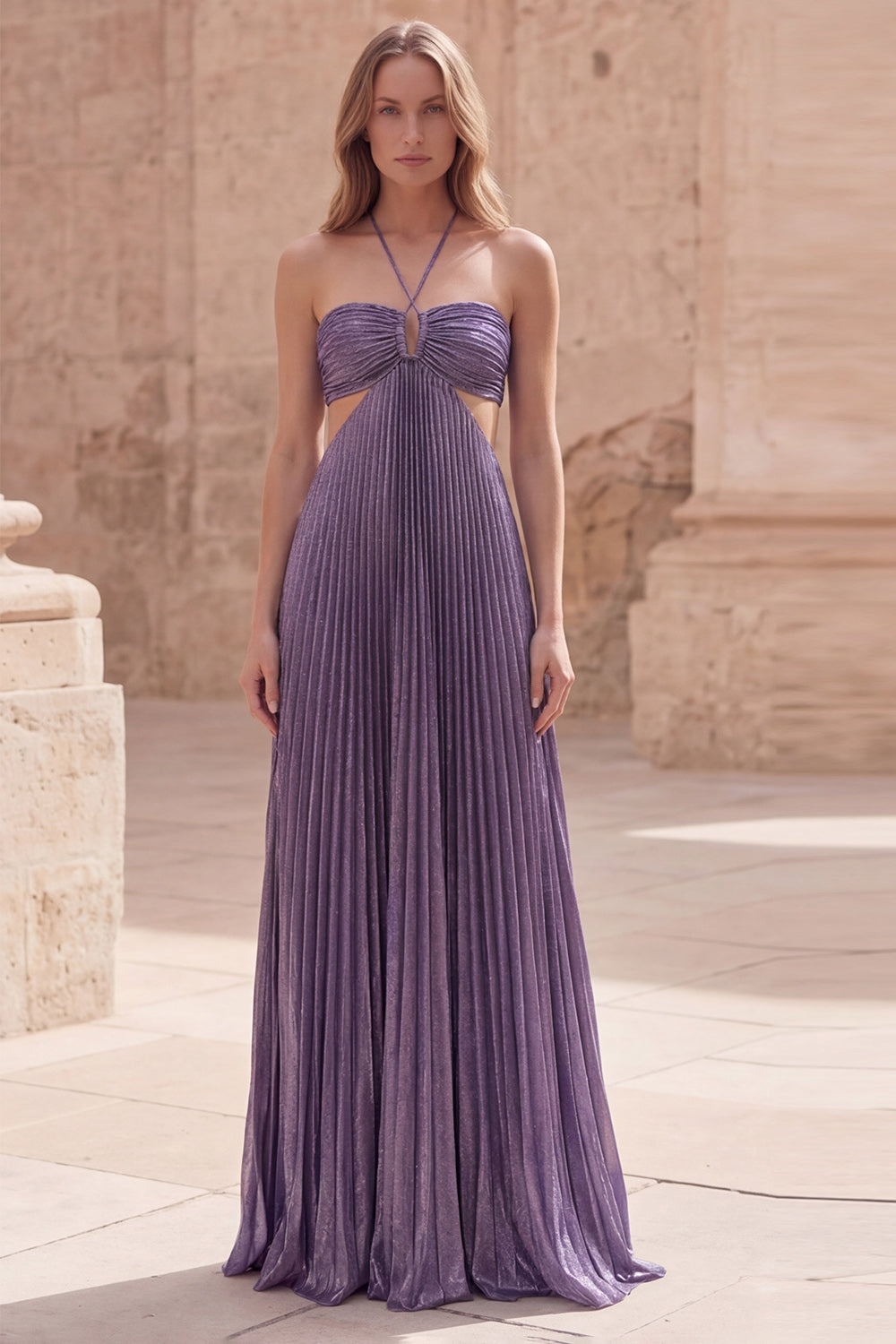 Sparkly A Line Purple Cut Out Halter Long Prom Dress with Pleats