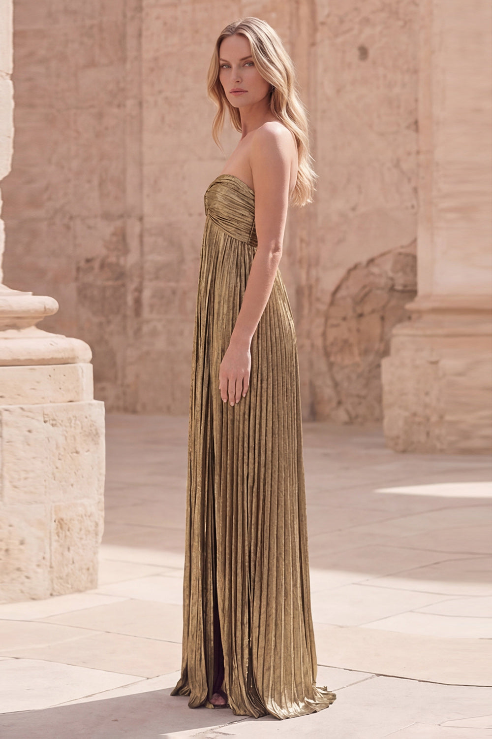 Pleated Dark Gold A Line Empire Waist Strapless Long Prom Dress with Slit