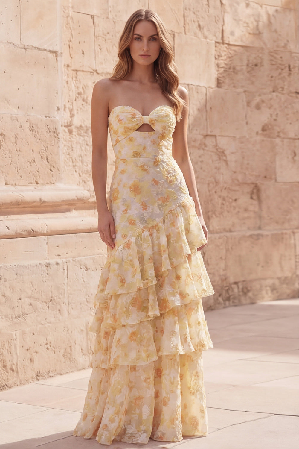 Yellow Strapless Floral A Line Long Prom Dress with Ruffles
